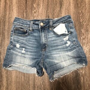 American Eagle Hi-Rise Shortie Super Super Stretch Distressed Denim Shorts Sz 4